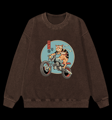 Cat Rider Vintage Washed 100% Cotton Sweatshirt