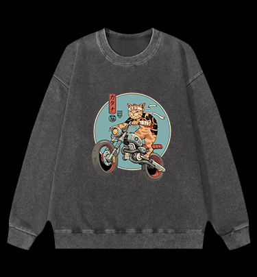 Cat Rider Vintage Washed 100% Cotton Sweatshirt