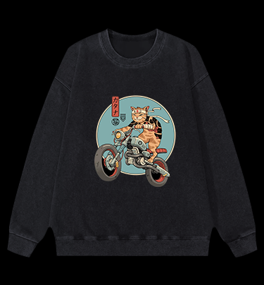 Cat Rider Vintage Washed 100% Cotton Sweatshirt