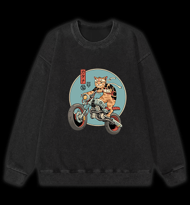 Cat Rider Vintage Washed 100% Cotton Sweatshirt