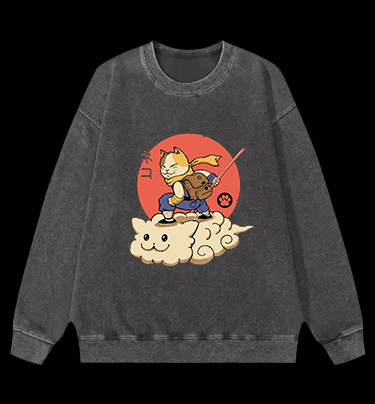 Flying Cloud Cat Vintage Washed 100% Cotton Sweatshirt