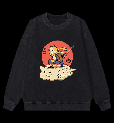 Flying Cloud Cat Vintage Washed 100% Cotton Sweatshirt
