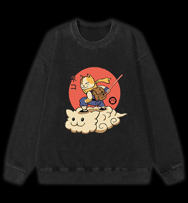 Flying Cloud Cat Vintage Washed 100% Cotton Sweatshirt