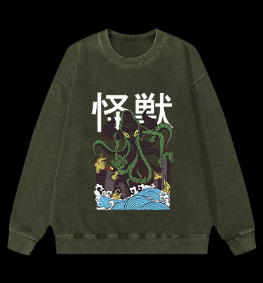 Green Cthulhu Terror Vintage Washed 100% Cotton Sweatshirt