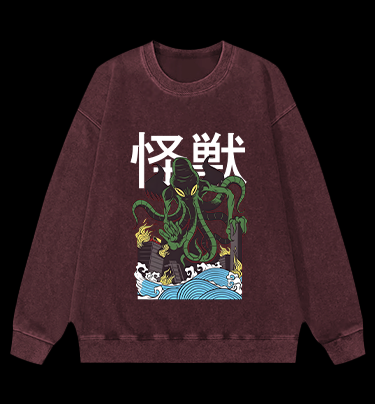 Green Cthulhu Terror Vintage Washed 100% Cotton Sweatshirt