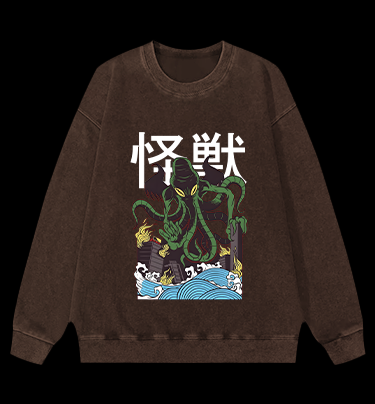 Green Cthulhu Terror Vintage Washed 100% Cotton Sweatshirt