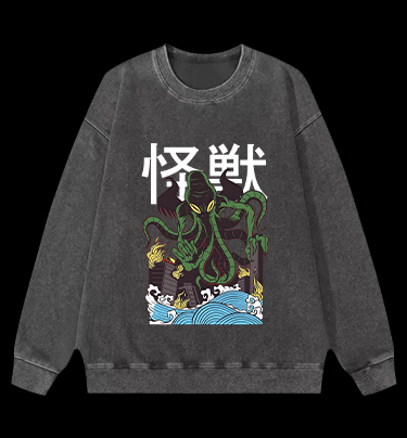 Green Cthulhu Terror Vintage Washed 100% Cotton Sweatshirt