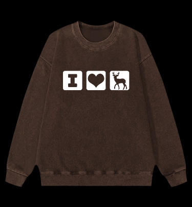 I Love Deer Icons Vintage Washed 100% Cotton Sweatshirt
