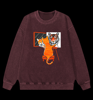 Cat's Tiger Illusion Vintage Washed 100% Cotton Sweatshirt