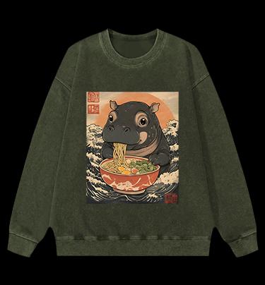Hippo's Ramen Feast Vintage Washed 100% Cotton Sweatshirt