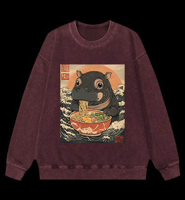 Hippo's Ramen Feast Vintage Washed 100% Cotton Sweatshirt