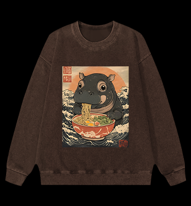 Hippo's Ramen Feast Vintage Washed 100% Cotton Sweatshirt