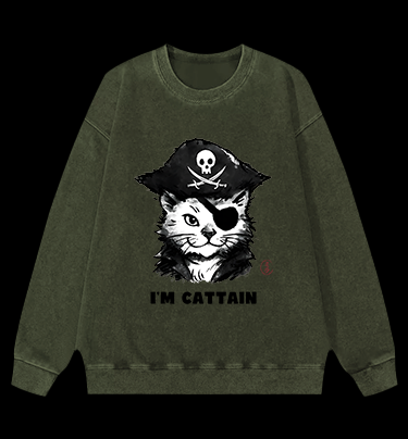 Pirate Cat Vintage Washed 100% Cotton Sweatshirt