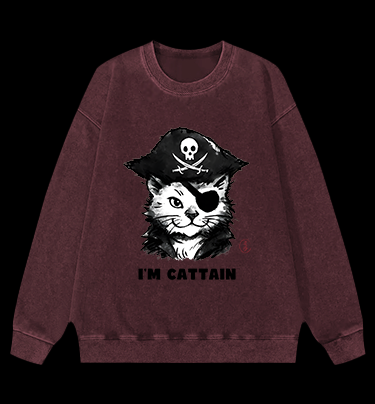 Pirate Cat Vintage Washed 100% Cotton Sweatshirt