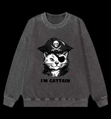 Pirate Cat Vintage Washed 100% Cotton Sweatshirt