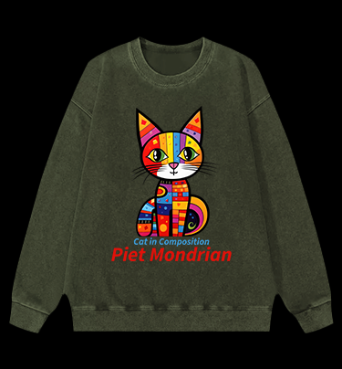 Cat: Piet Mondrian Vibe Vintage Washed 100% Cotton Sweatshirt