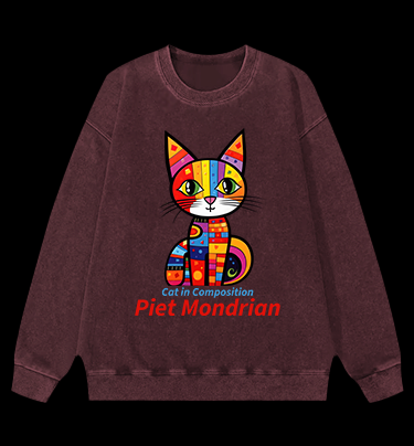 Cat: Piet Mondrian Vibe Vintage Washed 100% Cotton Sweatshirt