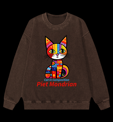 Cat: Piet Mondrian Vibe Vintage Washed 100% Cotton Sweatshirt