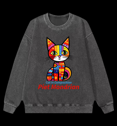Cat: Piet Mondrian Vibe Vintage Washed 100% Cotton Sweatshirt