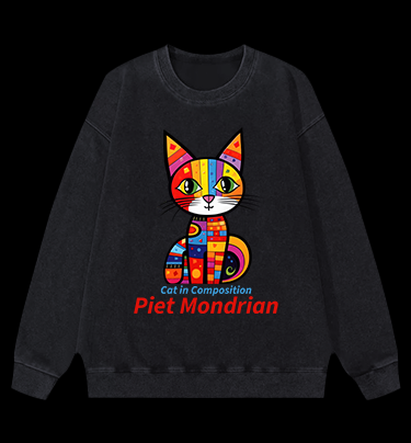 Cat: Piet Mondrian Vibe Vintage Washed 100% Cotton Sweatshirt
