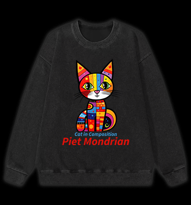 Cat: Piet Mondrian Vibe Vintage Washed 100% Cotton Sweatshirt