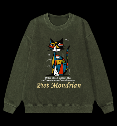 Piet Mondrian:Cat's Artistic Chaos Vintage Washed 100% Cotton Sweatshirt