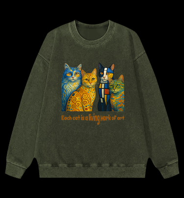 Artistic Cat Charm Vintage Washed 100% Cotton Sweatshirt