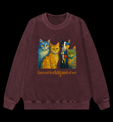 Artistic Cat Charm Vintage Washed 100% Cotton Sweatshirt