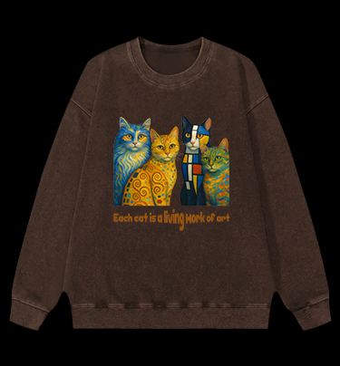 Artistic Cat Charm Vintage Washed 100% Cotton Sweatshirt