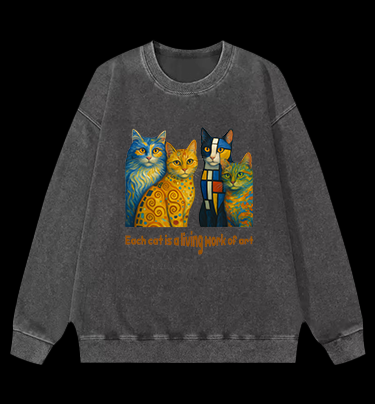 Artistic Cat Charm Vintage Washed 100% Cotton Sweatshirt