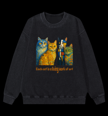 Artistic Cat Charm Vintage Washed 100% Cotton Sweatshirt