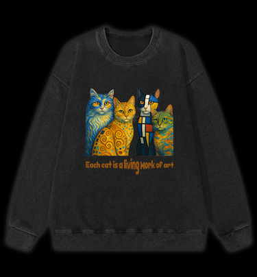 Artistic Cat Charm Vintage Washed 100% Cotton Sweatshirt