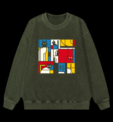 Cat's Mondrian Vibe Vintage Washed 100% Cotton Sweatshirt