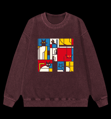 Cat's Mondrian Vibe Vintage Washed 100% Cotton Sweatshirt