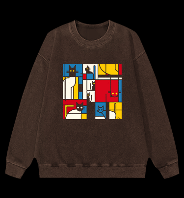 Cat's Mondrian Vibe Vintage Washed 100% Cotton Sweatshirt