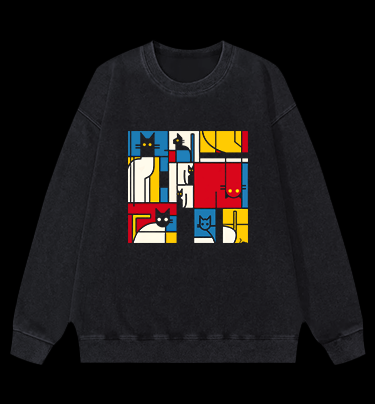 Cat's Mondrian Vibe Vintage Washed 100% Cotton Sweatshirt