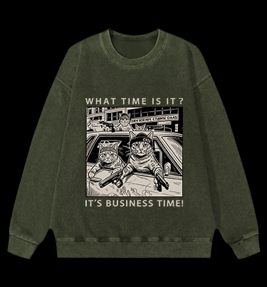 Cats' Business Time Vintage Washed 100% Cotton Sweatshirt