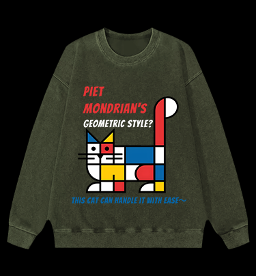 Cat's Mondrian Style Vintage Washed 100% Cotton Sweatshirt
