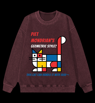 Cat's Mondrian Style Vintage Washed 100% Cotton Sweatshirt