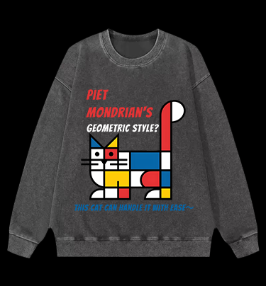 Cat's Mondrian Style Vintage Washed 100% Cotton Sweatshirt