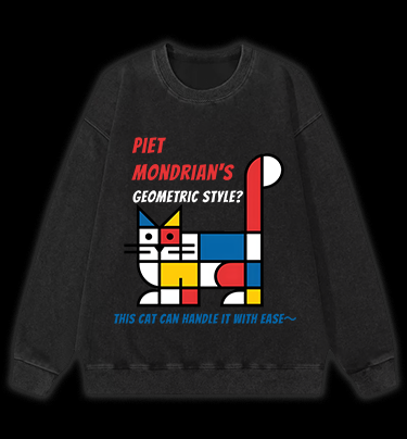 Cat's Mondrian Style Vintage Washed 100% Cotton Sweatshirt