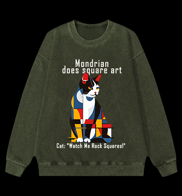 Cat's Mondrian Style Vintage Washed 100% Cotton Sweatshirt