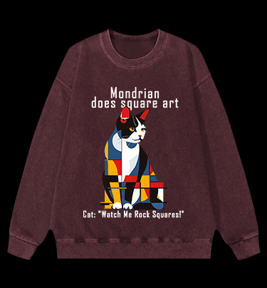 Cat's Mondrian Style Vintage Washed 100% Cotton Sweatshirt