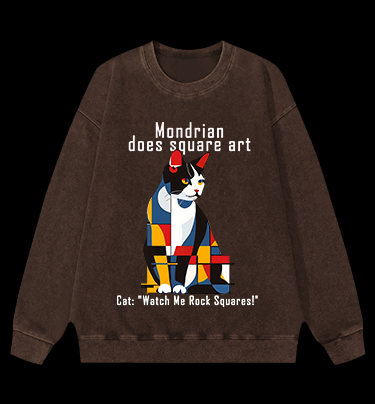 Cat's Mondrian Style Vintage Washed 100% Cotton Sweatshirt