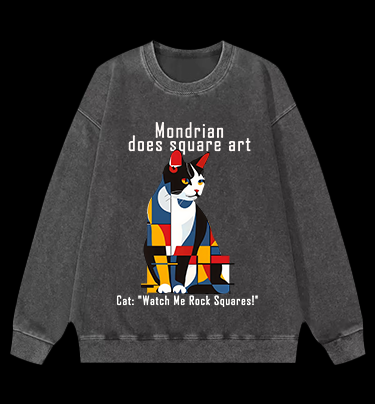 Cat's Mondrian Style Vintage Washed 100% Cotton Sweatshirt