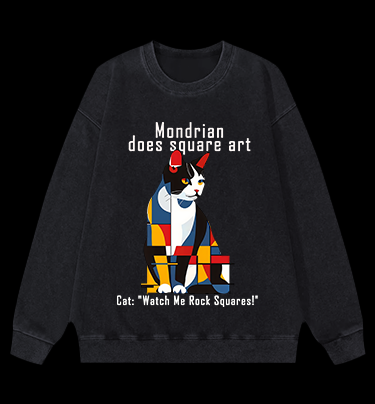 Cat's Mondrian Style Vintage Washed 100% Cotton Sweatshirt