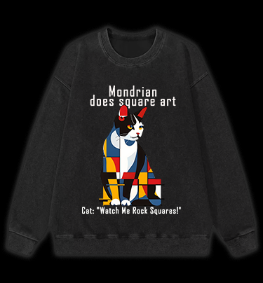 Cat's Mondrian Style Vintage Washed 100% Cotton Sweatshirt