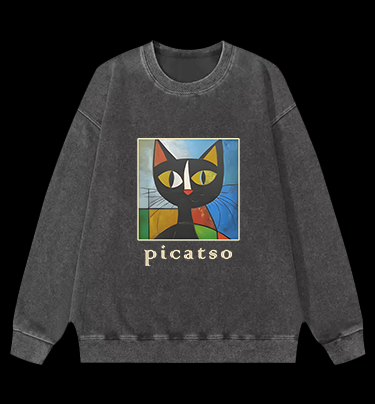 Picasso Cat Fun Vintage Washed 100% Cotton Sweatshirt