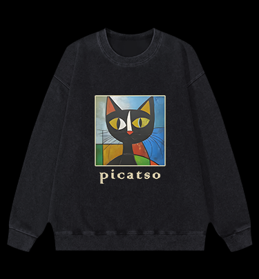 Picasso Cat Fun Vintage Washed 100% Cotton Sweatshirt