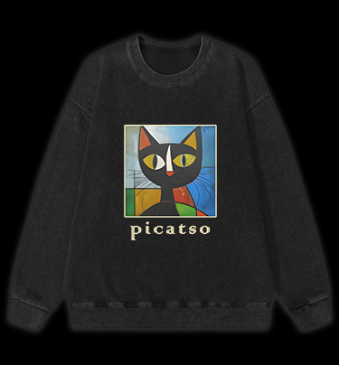 Picasso Cat Fun Vintage Washed 100% Cotton Sweatshirt